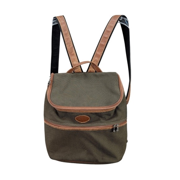 Longchamp Backpack Made in France‎ Olive Green Canvas Leather Trim Travel School